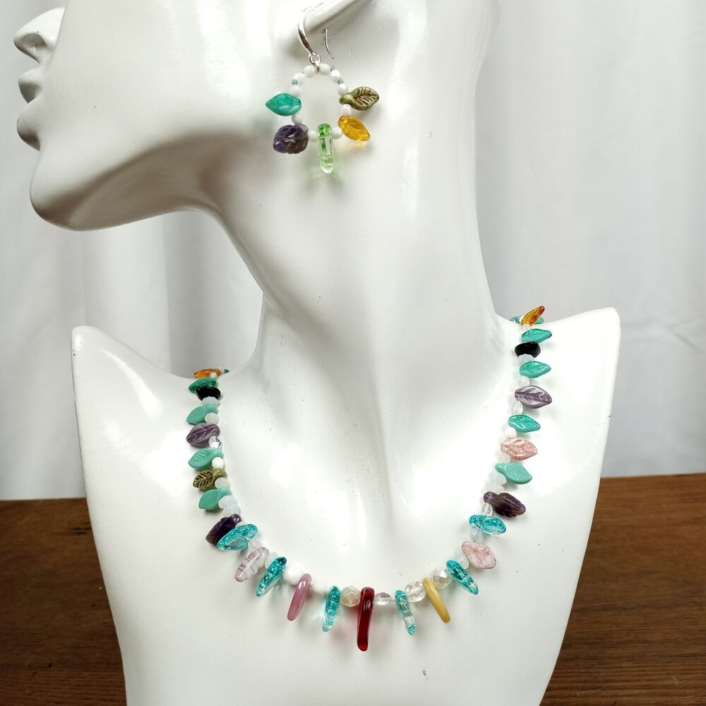 HANDMADE Czech Glass Leaves Necklace and Earrings Set